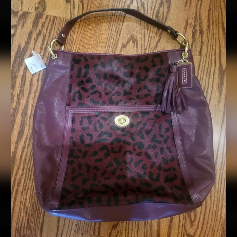 NWT Coach Burgundy Leopard Haircalf Leather Turnlock Large Hobo Shoulder Purse
